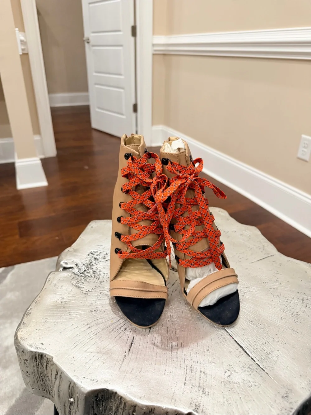 Women's Tan Lace-Up Open-Toe Heeled Sandals with Orange Laces